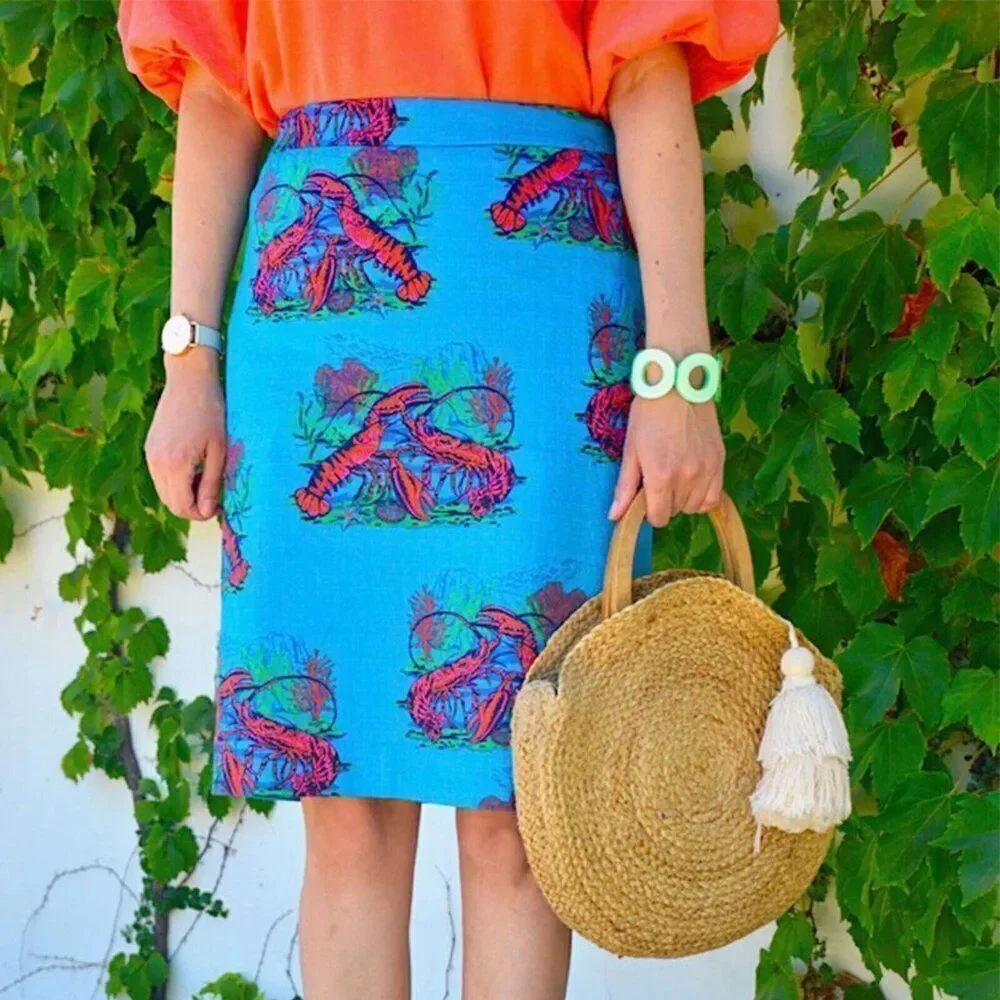 J.Crew Womens Skirt Straight Pencil Size 4 Blue Lobster Print Lined AO728 NWT